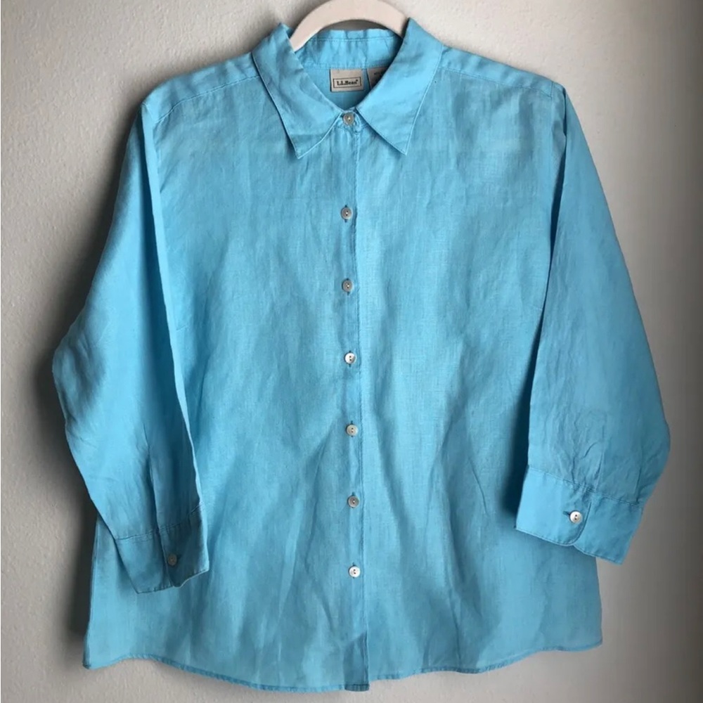 LL Bean Womens Large 100% Linen Blue Mother of Pearl Button Up 3/4 Sleeve